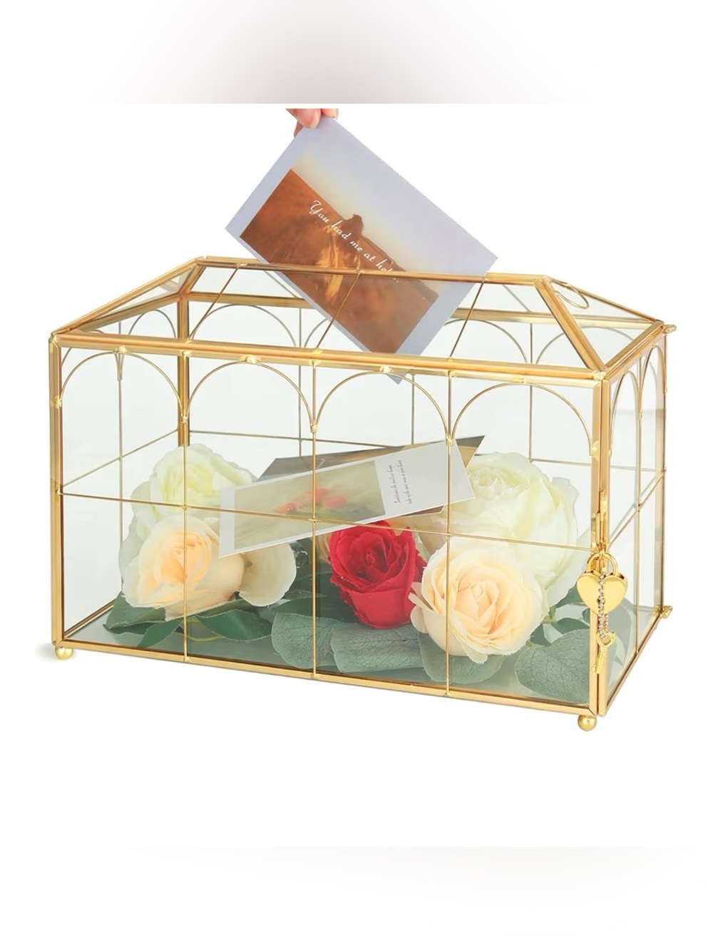 Gold 12.6x5.9x9 inches Glass Wedding Card Box with Lock